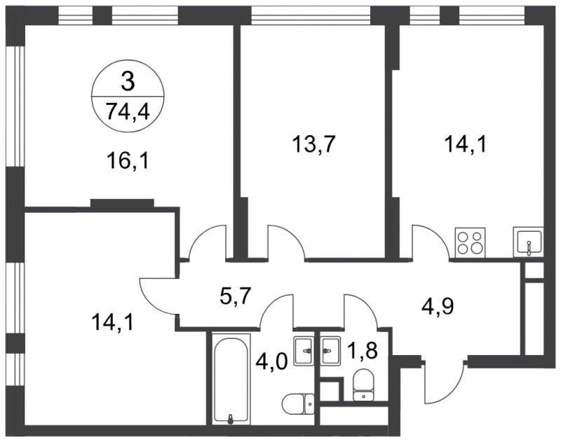 3-комнатная квартира с полной отделкой, 74.4 м2, 16 этаж, сдача 3 квартал 2025 г., ЖК город-парк Переделкино Ближнее, корпус 17-3 - объявление 1822329 - фото №1