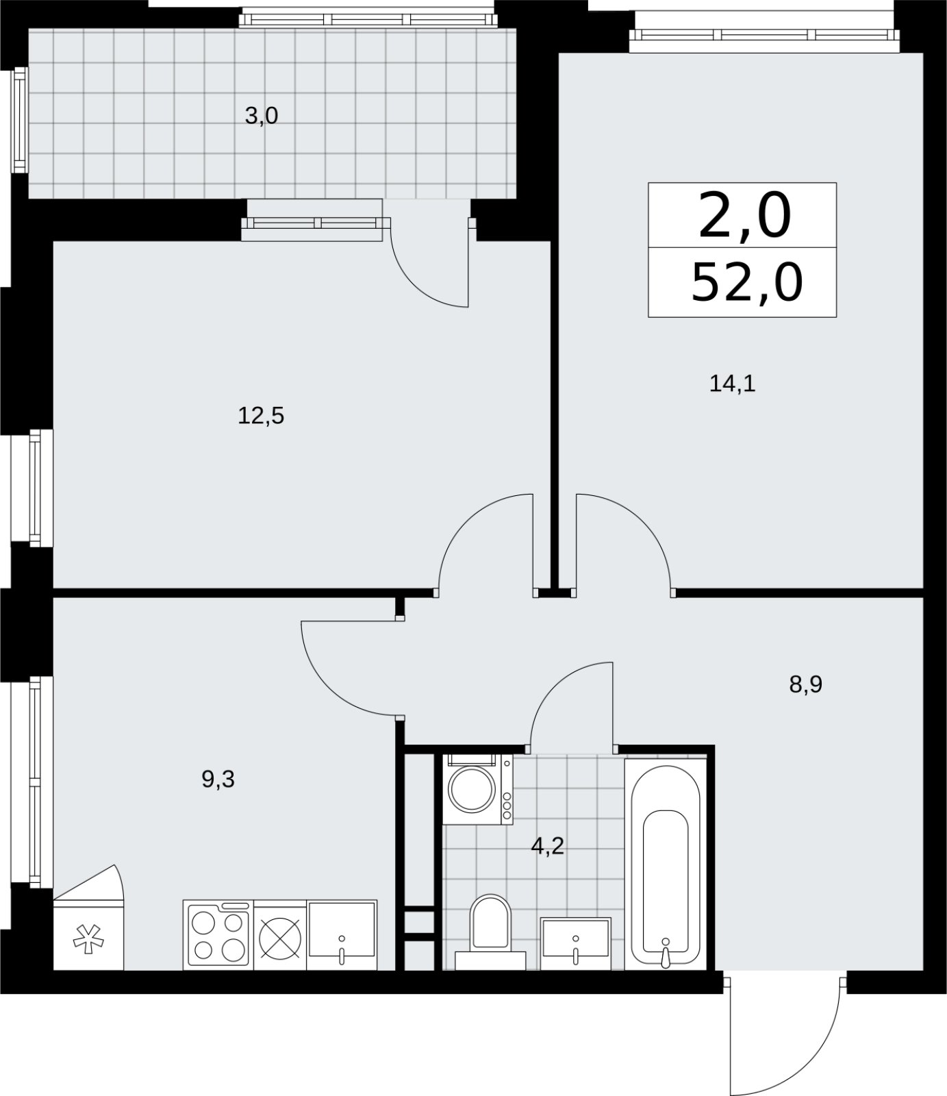 2-комнатная квартира с частичной отделкой, 52 м2, 6 этаж, сдача 2 квартал 2026 г., ЖК Дзен-кварталы, корпус 3.3 - объявление 2400261 - фото №1