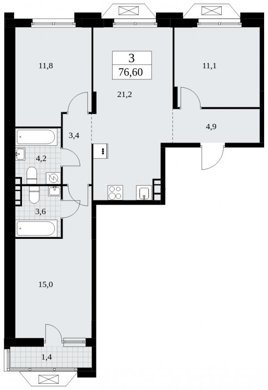 3-комнатная квартира с полной отделкой, 76.6 м2, 5 этаж, сдача 2 квартал 2025 г., ЖК Бунинские кварталы, корпус 1.2 - объявление 1834332 - фото №1