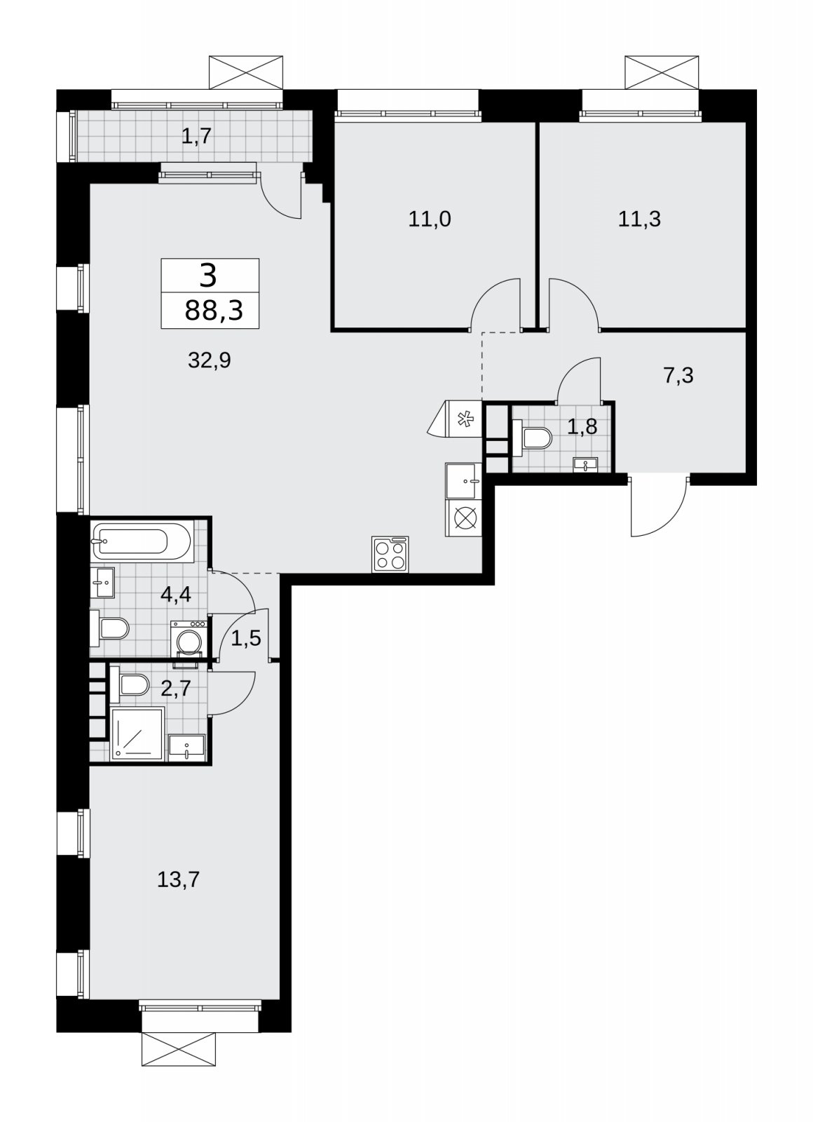 3-комнатная квартира без отделки, 88.3 м2, 6 этаж, сдача 4 квартал 2025 г., ЖК Бунинские кварталы, корпус 6.4 - объявление 2252693 - фото №1