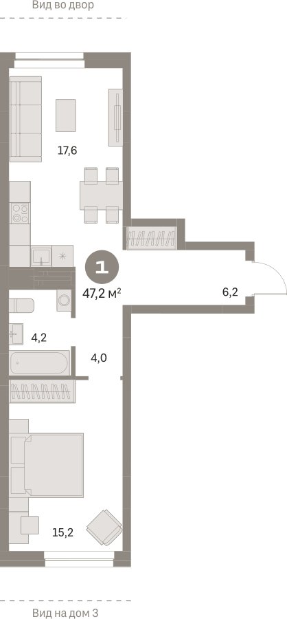 1-комнатная квартира с частичной отделкой, 47.2 м2, 3 этаж, сдача 1 квартал 2025 г., ЖК Первый квартал, корпус Дом 5 - объявление 2281462 - фото №1