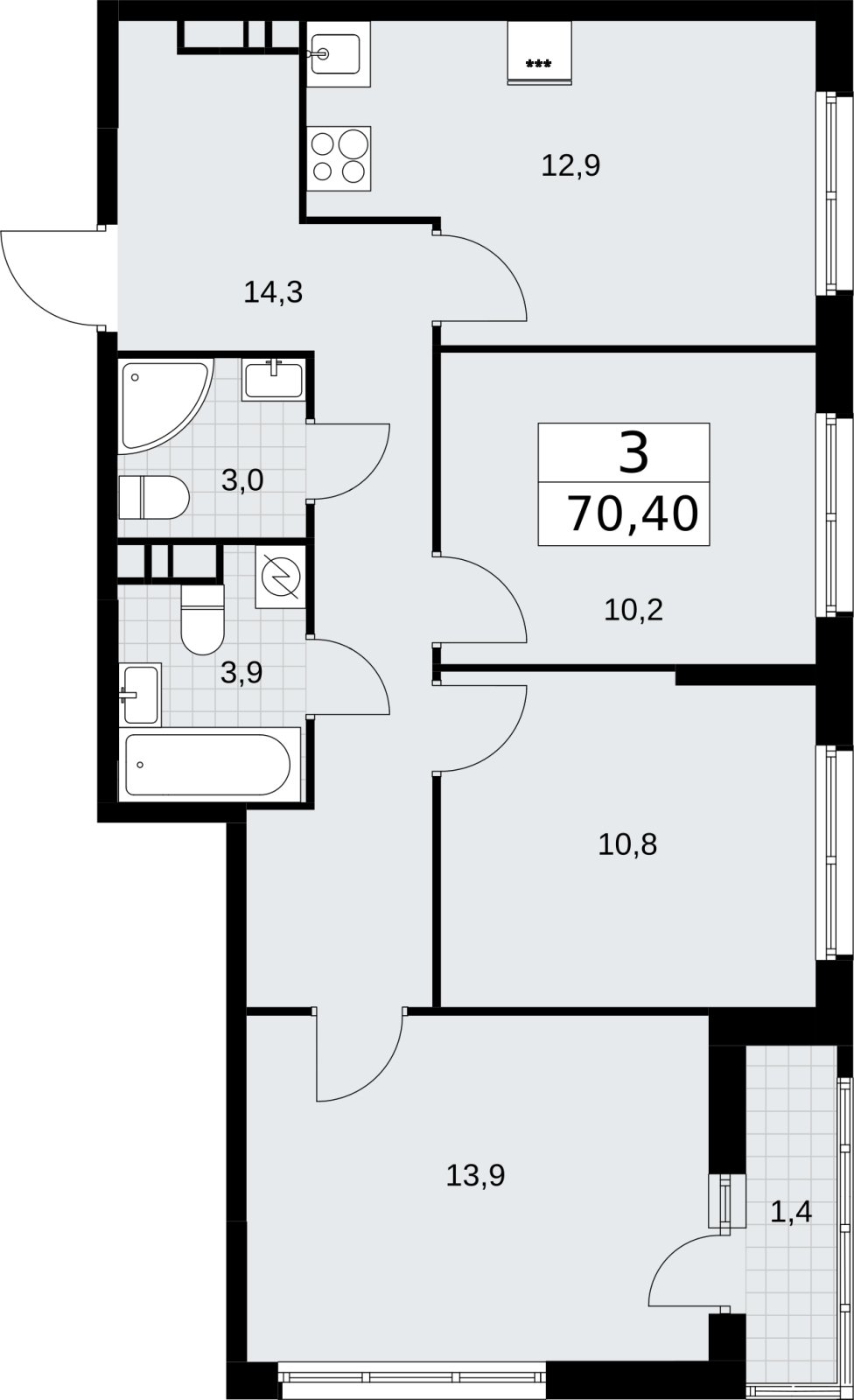 3-комнатная квартира с полной отделкой, 70.4 м2, 7 этаж, сдача 4 квартал 2026 г., ЖК Родные кварталы, корпус 3.3 - объявление 2378580 - фото №1