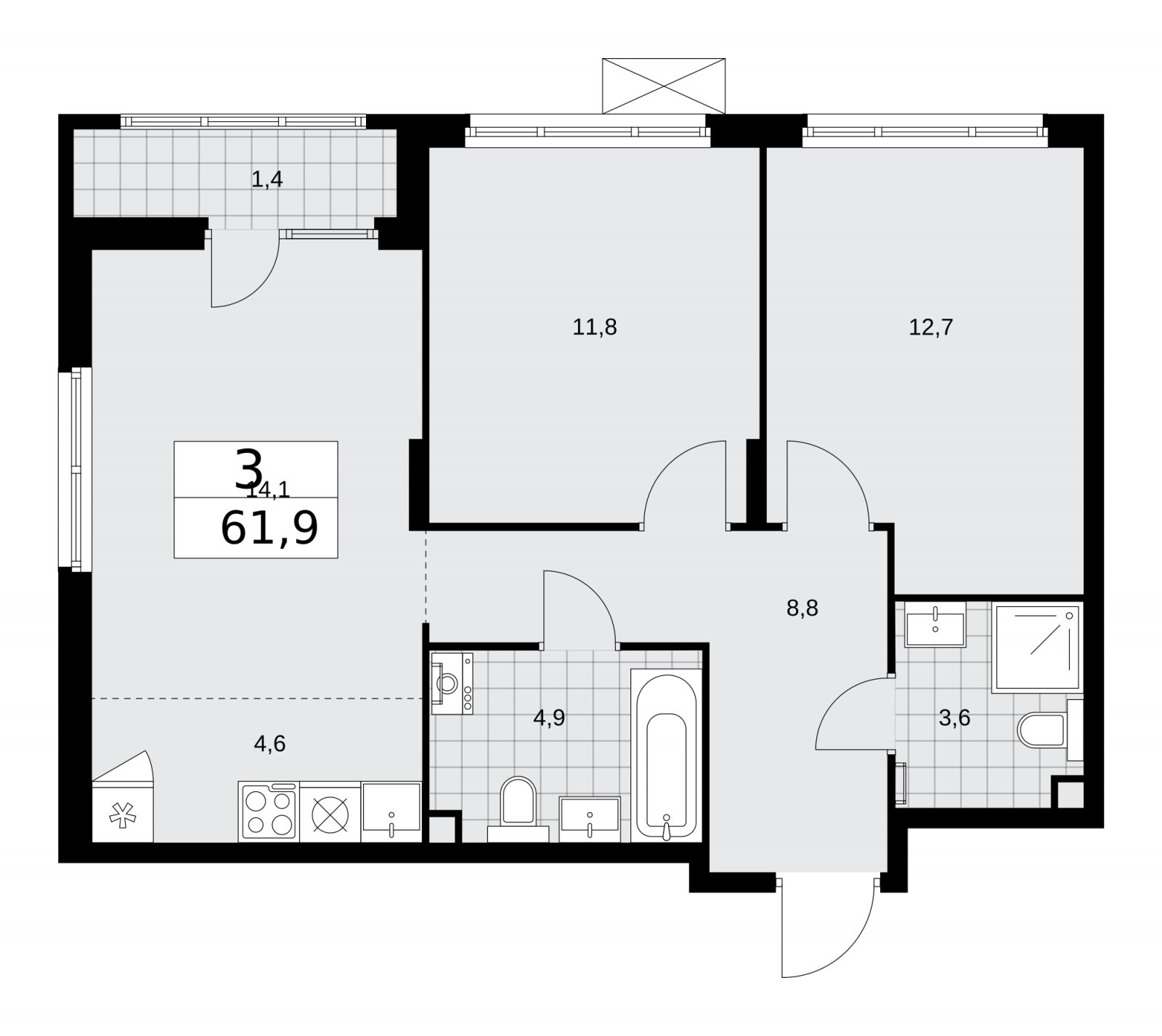3-комнатная квартира (евро) без отделки, 61.9 м2, 2 этаж, сдача 1 квартал 2026 г., ЖК Деснаречье, корпус 4.2 - объявление 2263519 - фото №1