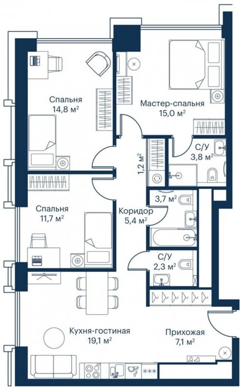 3-комнатная квартира с частичной отделкой, 83.18 м2, 45 этаж, сдача 2 квартал 2024 г., ЖК City Bay, корпус Indian Ocean 1 - объявление 1671581 - фото №1