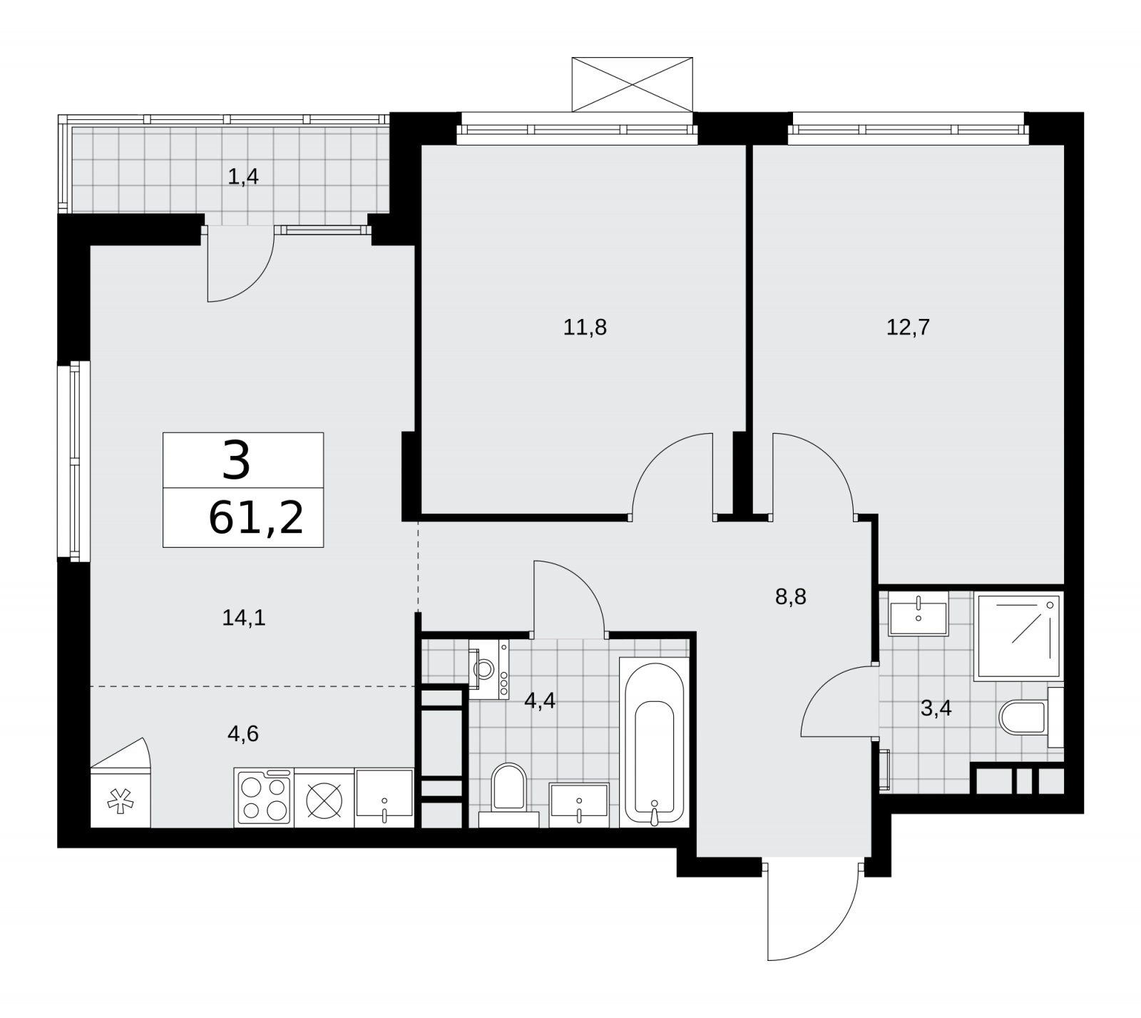 3-комнатная квартира (евро) без отделки, 61.2 м2, 9 этаж, сдача 1 квартал 2026 г., ЖК Деснаречье, корпус 4.2 - объявление 2263561 - фото №1