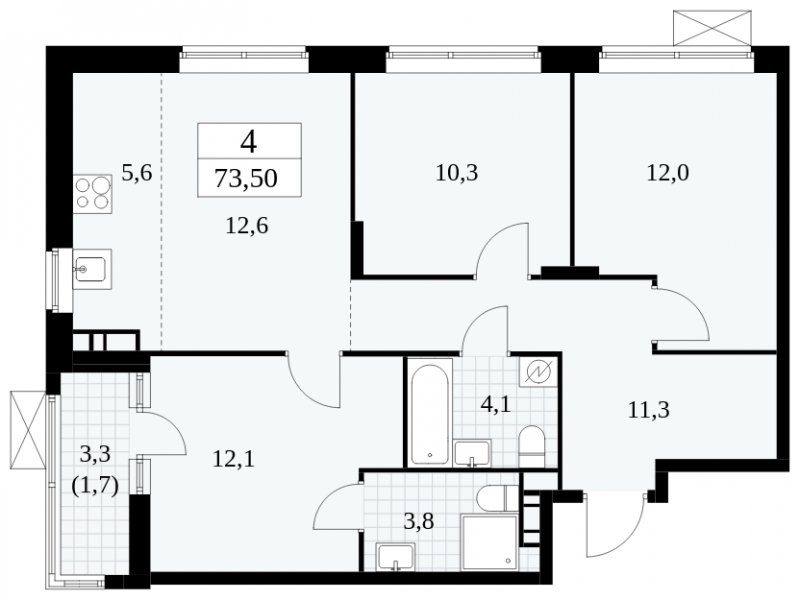 4-комнатная квартира (евро) без отделки, 73.5 м2, 15 этаж, сдача 1 квартал 2025 г., ЖК Прокшино, корпус 5.2.1 - объявление 1751077 - фото №1