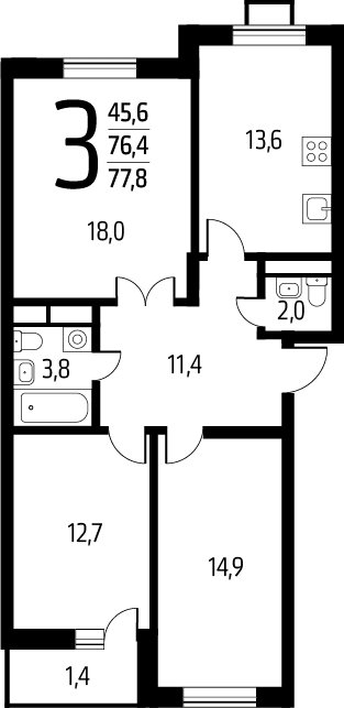 3-комнатная квартира с полной отделкой, 77.8 м2, 5 этаж, сдача 1 квартал 2025 г., ЖК Новые Ватутинки. Заречный, корпус 5/3 - объявление 2272122 - фото №1