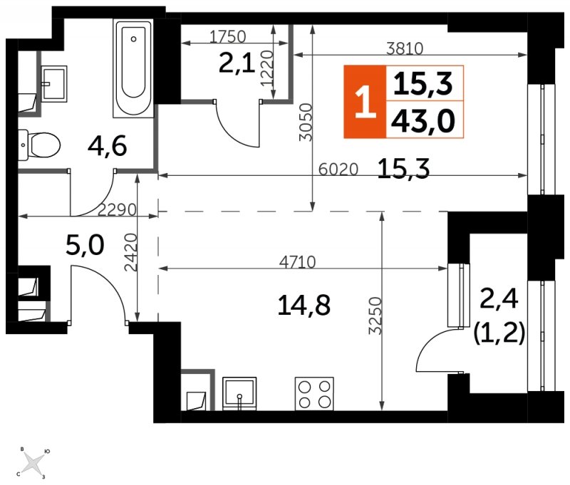 1-комнатная квартира с частичной отделкой, 43 м2, 3 этаж, сдача 1 квартал 2023 г., ЖК Sydney City, корпус 3 - объявление 1658343 - фото №1