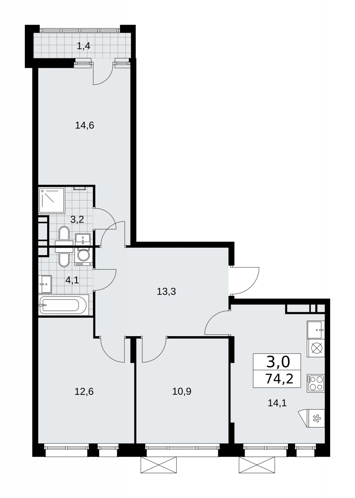 3-комнатная квартира с частичной отделкой, 74.2 м2, 12 этаж, сдача 2 квартал 2026 г., ЖК Прокшино, корпус 10.1.5 - объявление 2227882 - фото №1