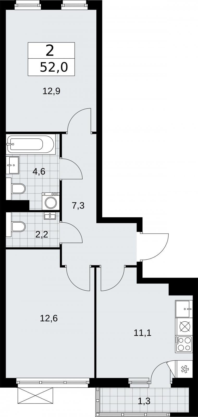 2-комнатная квартира с полной отделкой, 52 м2, 4 этаж, сдача 2 квартал 2026 г., ЖК Бунинские кварталы, корпус 7.1 - объявление 2319347 - фото №1