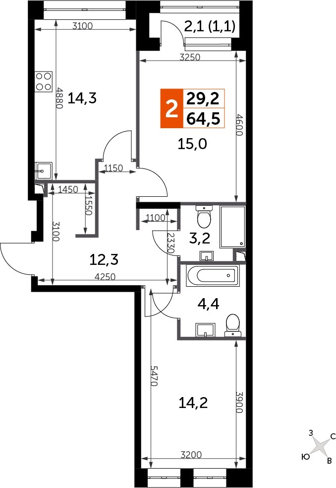 2-комнатная квартира с полной отделкой, 64.5 м2, 6 этаж, сдача 3 квартал 2024 г., ЖК Sydney City, корпус 2.1 - объявление 2207302 - фото №1