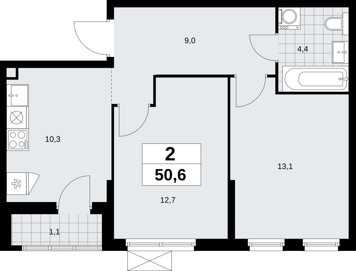2-комнатная квартира без отделки, 50.6 м2, 2 этаж, сдача 1 квартал 2026 г., ЖК Дзен-кварталы, корпус 6.2.1 - объявление 2328452 - фото №1