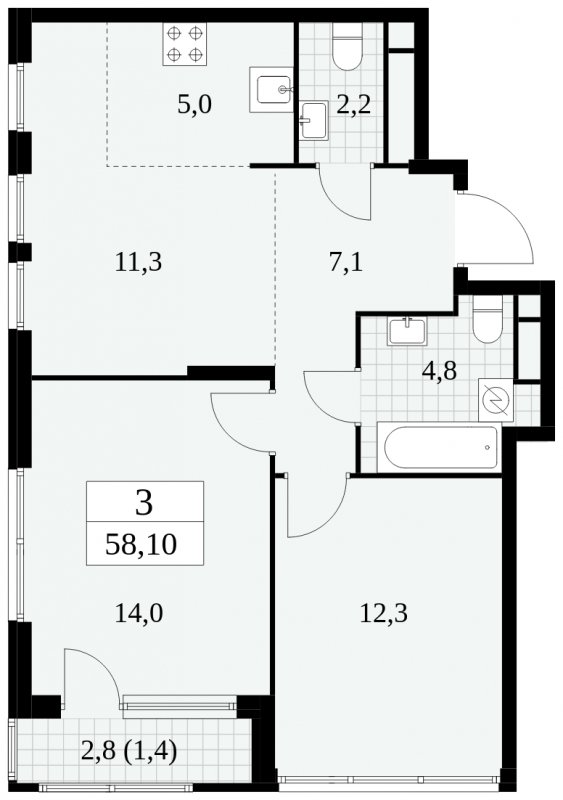 3-комнатная квартира (евро) без отделки, 58.1 м2, 26 этаж, сдача 2 квартал 2025 г., ЖК Южные сады, корпус 2.4 - объявление 1760521 - фото №1