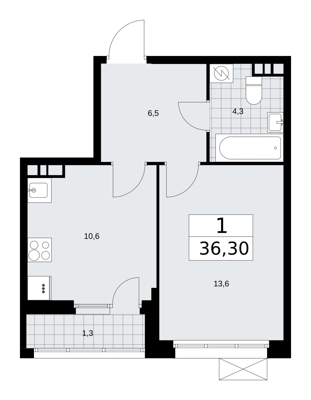1-комнатная квартира с частичной отделкой, 36.3 м2, 4 этаж, сдача 4 квартал 2025 г., ЖК Бунинские кварталы, корпус 3.4 - объявление 2152044 - фото №1
