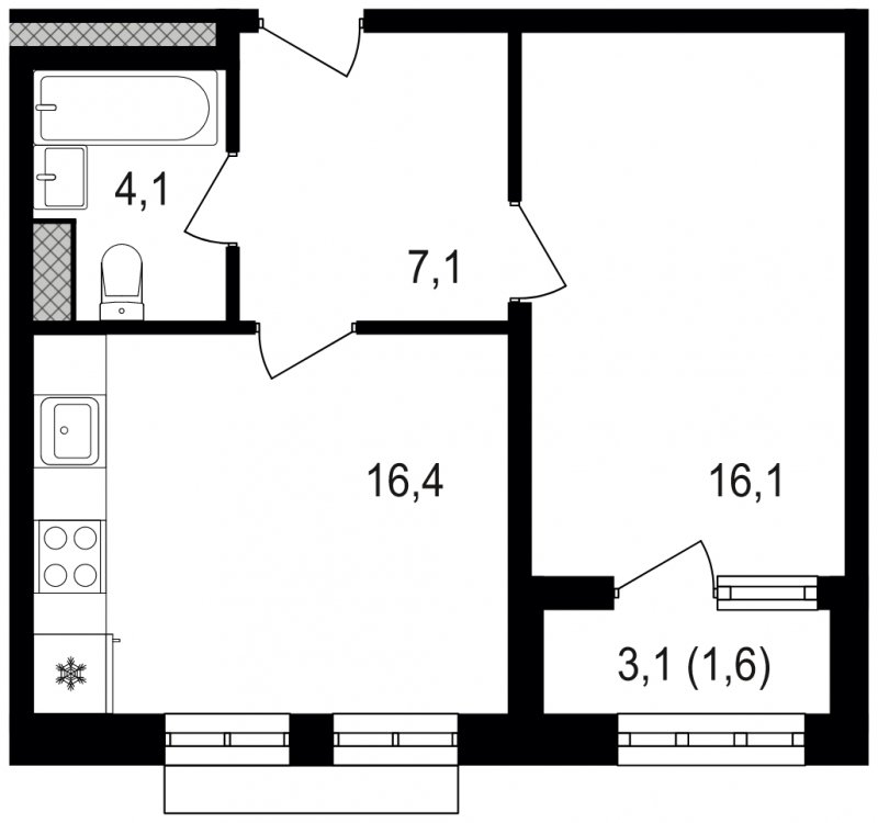 1-комнатная квартира без отделки, 45.3 м2, 13 этаж, сдача 3 квартал 2024 г., ЖК Михалковский, корпус 3 - объявление 1771498 - фото №1