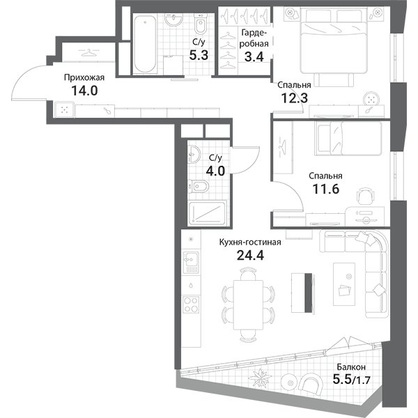 2-комнатная квартира без отделки, 76.7 м2, 16 этаж, сдача 1 квартал 2023 г., ЖК Nagatino i-Land, корпус А2 - объявление 1981818 - фото №1