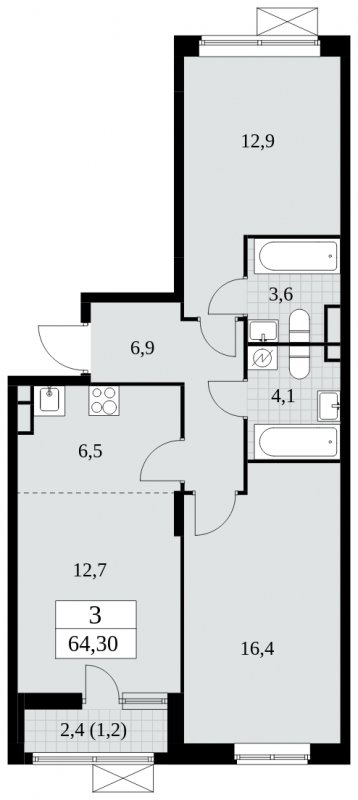 3-комнатная квартира (евро) с частичной отделкой, 64.3 м2, 11 этаж, сдача 2 квартал 2025 г., ЖК Прокшино, корпус 5.1.1 - объявление 1859951 - фото №1