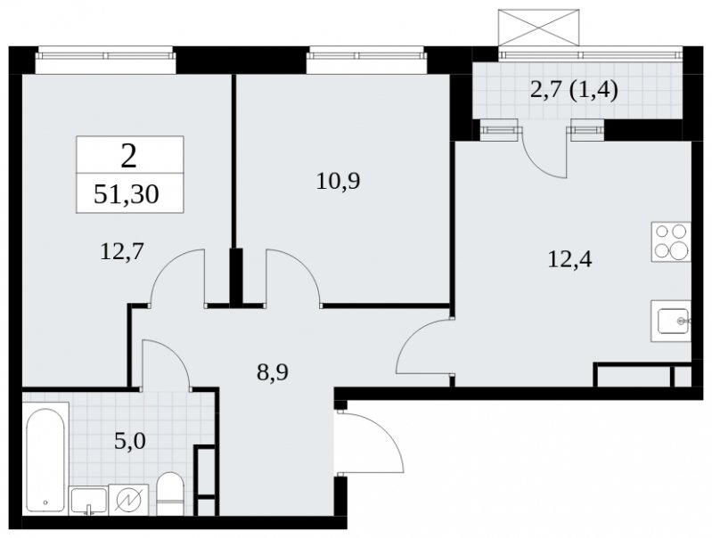 2-комнатная квартира без отделки, 51.3 м2, 11 этаж, сдача 1 квартал 2025 г., ЖК Прокшино, корпус 5.1.3 - объявление 1810915 - фото №1