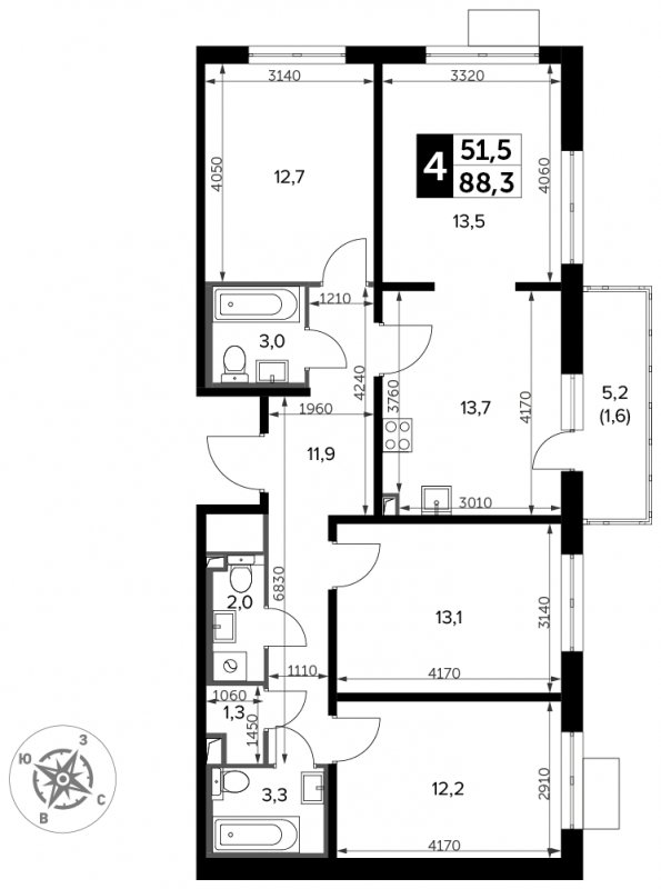 4-комнатная квартира с частичной отделкой, 88.3 м2, 12 этаж, сдача 3 квартал 2023 г., ЖК Южная Битца, корпус 12 - объявление 1713700 - фото №1