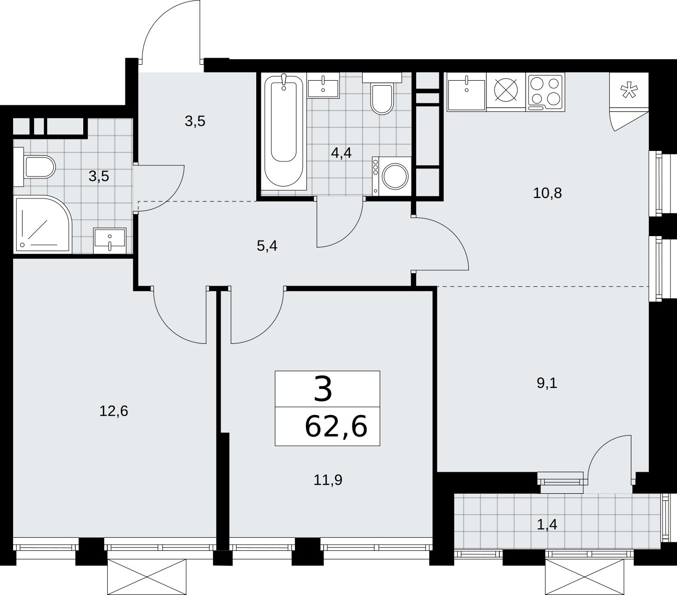 3-комнатная квартира (евро) с частичной отделкой, 62.6 м2, 16 этаж, сдача 2 квартал 2026 г., ЖК Бунинские кварталы, корпус 5.1 - объявление 2297169 - фото №1