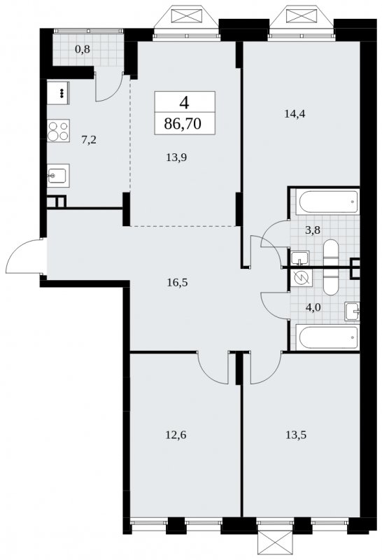 4-комнатная квартира (евро) с частичной отделкой, 86.7 м2, 3 этаж, сдача 4 квартал 2024 г., ЖК Бунинские кварталы, корпус 1.2 - объявление 1834403 - фото №1