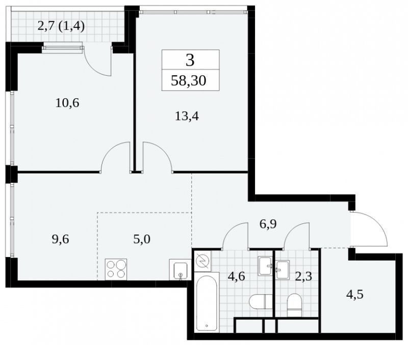 3-комнатная квартира (евро) с частичной отделкой, 58.3 м2, 30 этаж, сдача 2 квартал 2025 г., ЖК Южные сады, корпус 2.2 - объявление 1757683 - фото №1