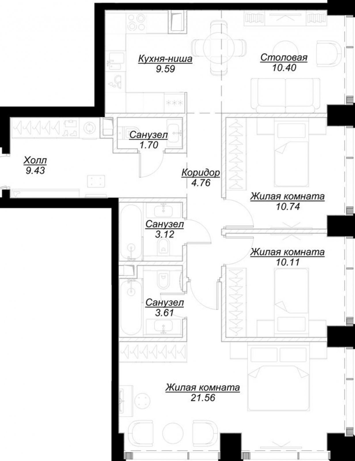 3-комнатная квартира с частичной отделкой, 85.19 м2, 8 этаж, сдача 4 квартал 2024 г., ЖК MOD, корпус Mann - объявление 2191629 - фото №1