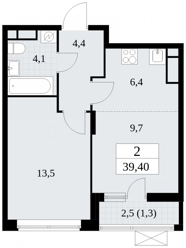 2-комнатная квартира (евро) без отделки, 39.4 м2, 15 этаж, сдача 1 квартал 2025 г., ЖК Прокшино, корпус 5.1.4 - объявление 1811145 - фото №1