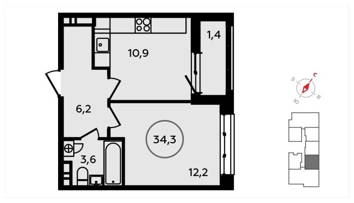 1-комнатная квартира с частичной отделкой, 34.3 м2, 8 этаж, сдача 3 квартал 2024 г., ЖК Скандинавия, корпус 2.22.3 - объявление 1625589 - фото №1