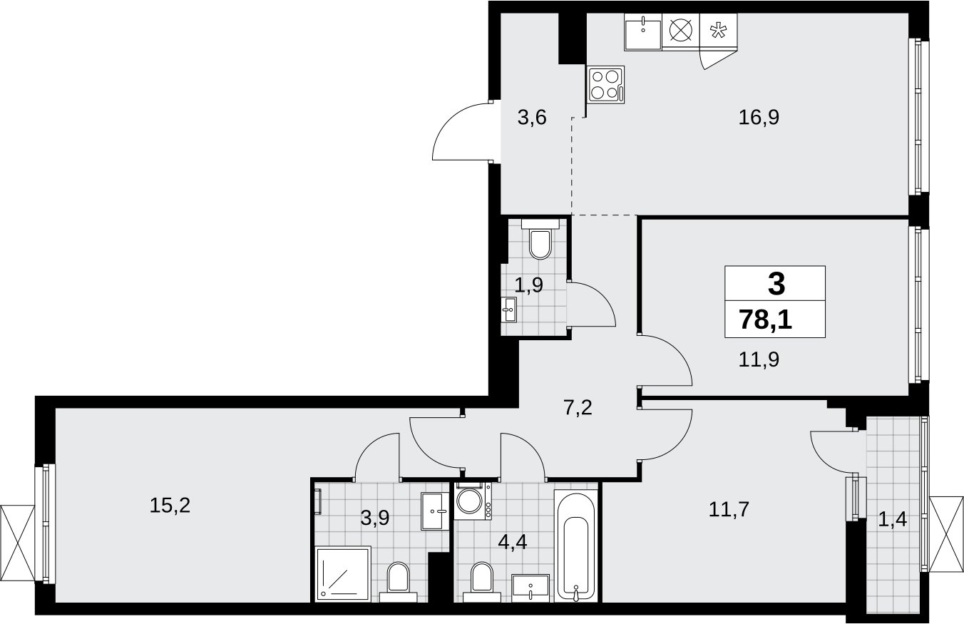 3-комнатная квартира без отделки, 78.1 м2, 5 этаж, сдача 1 квартал 2026 г., ЖК Дзен-кварталы, корпус 6.2.1 - объявление 2328370 - фото №1