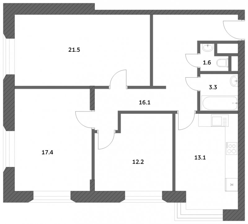 3-комнатная квартира с частичной отделкой, 85.16 м2, 21 этаж, сдача 4 квартал 2023 г., ЖК Городские истории, корпус 1 - объявление 1652335 - фото №1