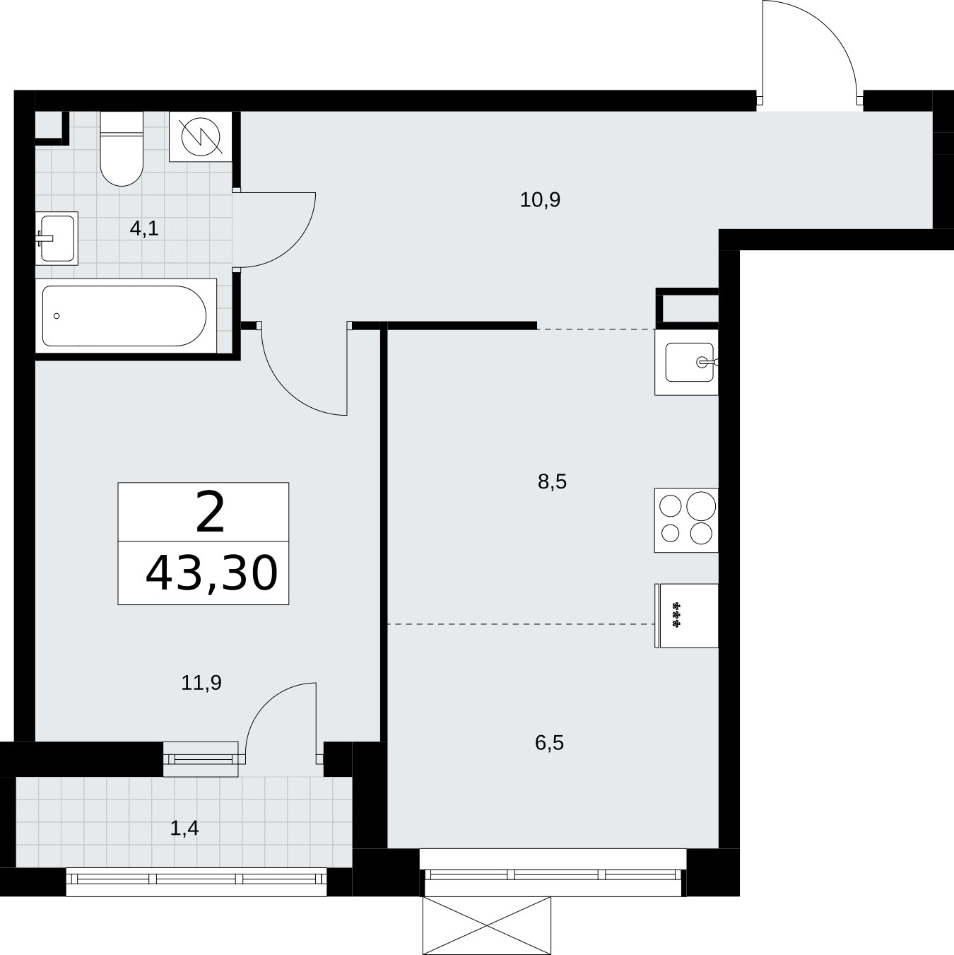 2-комнатная квартира (евро) без отделки, 43.3 м2, 2 этаж, сдача 3 квартал 2026 г., ЖК Родные кварталы, корпус 2 - объявление 2295364 - фото №1