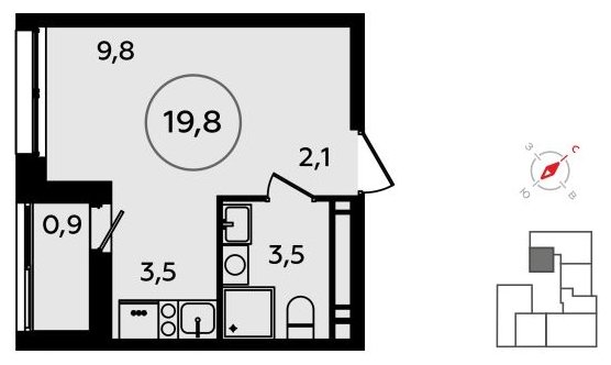 Студия без отделки, 19.8 м2, 13 этаж, сдача 3 квартал 2023 г., ЖК Прокшино, корпус 4.6 - объявление 1498679 - фото №1