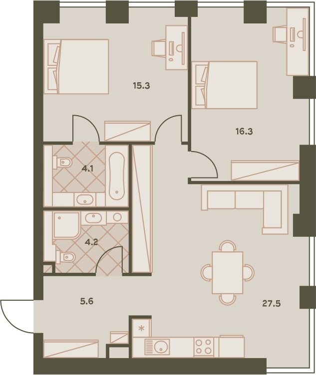 3-комнатная квартира (евро) без отделки, 73 м2, 6 этаж, сдача 3 квартал 2023 г., ЖК Eniteo, корпус 2 - объявление 2230247 - фото №1