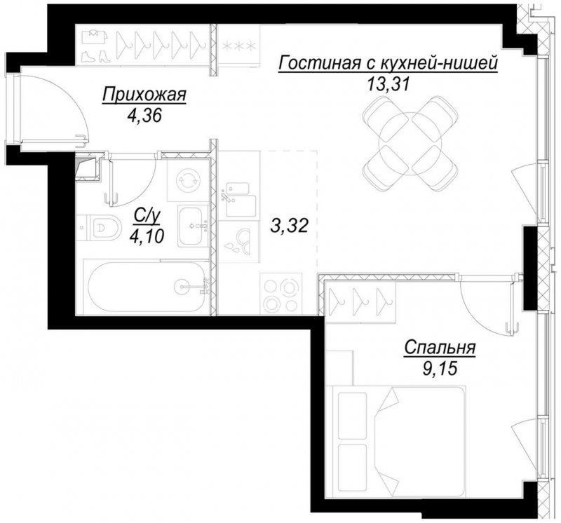 1-комнатная квартира с частичной отделкой, 34.3 м2, 16 этаж, сдача 1 квартал 2023 г., ЖК Hide, корпус RiverSide - объявление 1756826 - фото №1