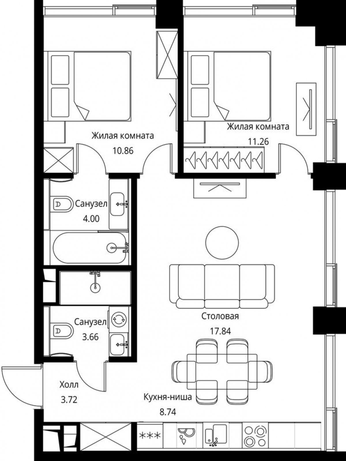 2-комнатная квартира с частичной отделкой, 60.08 м2, 18 этаж, сдача 3 квартал 2026 г., ЖК City Bay, корпус North Ocean 6 - объявление 2240512 - фото №1