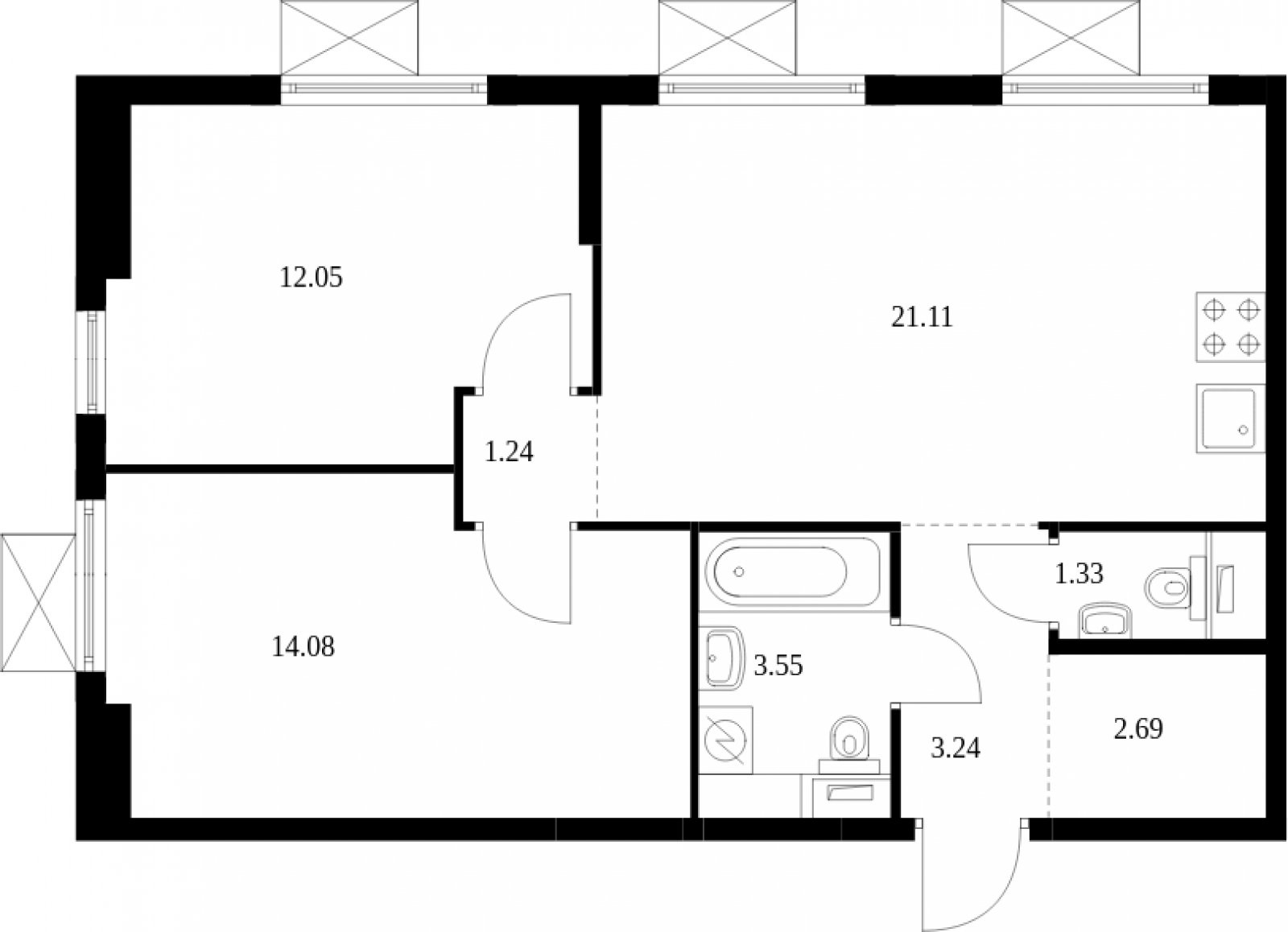 2-комнатная квартира с полной отделкой, 59.29 м2, 4 этаж, сдача 2 квартал 2025 г., ЖК Середневский лес, корпус 4.1 - объявление 2101212 - фото №1