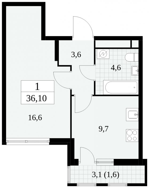 1-комнатная квартира без отделки, 36.1 м2, 13 этаж, сдача 2 квартал 2025 г., ЖК Южные сады, корпус 2.3 - объявление 1758094 - фото №1