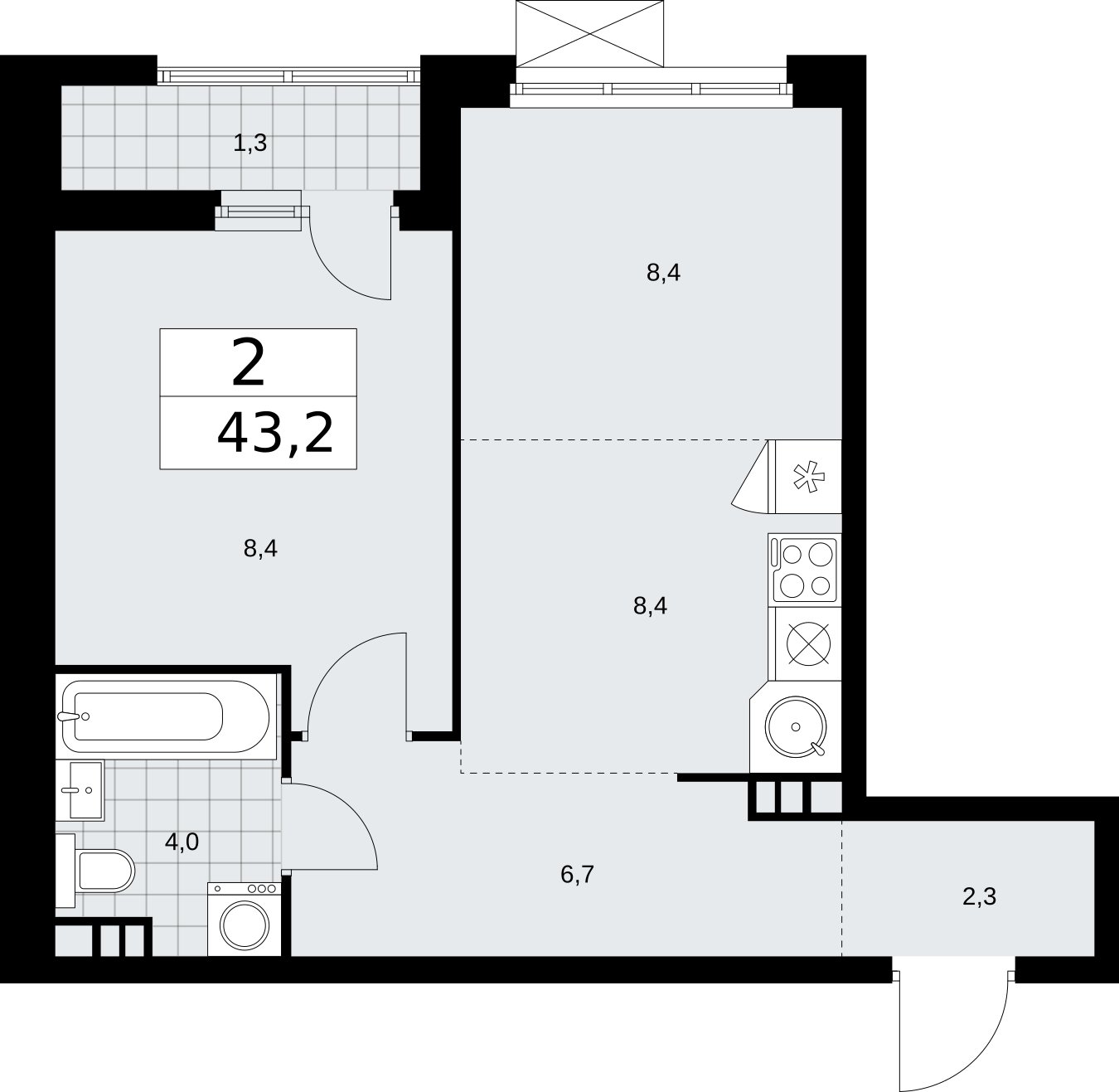 2-комнатная квартира (евро) без отделки, 43.2 м2, 5 этаж, сдача 2 квартал 2026 г., ЖК Бунинские кварталы, корпус 5.4 - объявление 2297782 - фото №1