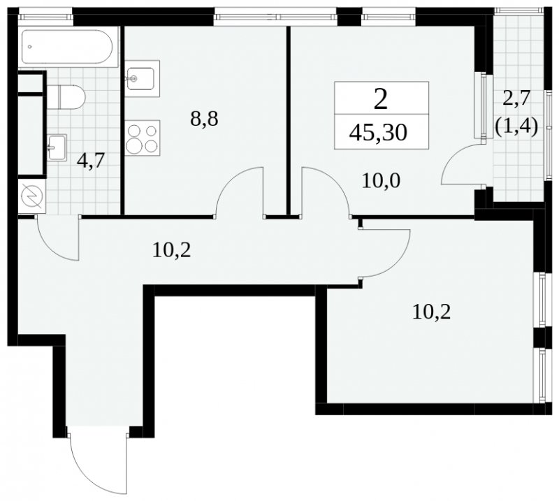2-комнатная квартира без отделки, 45.3 м2, 19 этаж, сдача 2 квартал 2025 г., ЖК Южные сады, корпус 2.3 - объявление 1758234 - фото №1