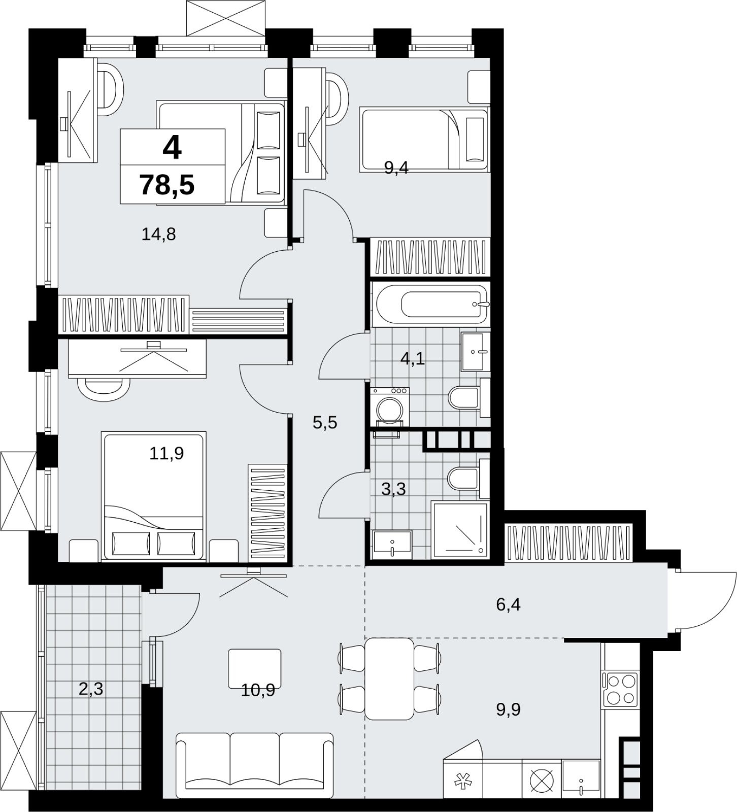 4-комнатная квартира (евро) без отделки, 78.5 м2, 10 этаж, сдача 4 квартал 2026 г., ЖК Скандинавия, корпус 2.18.2.6 - объявление 2351789 - фото №1