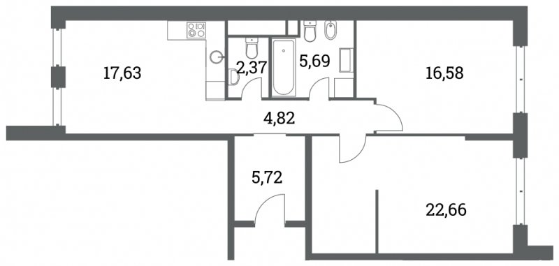 3-комнатная квартира (евро) без отделки, 75.47 м2, 4 этаж, дом сдан, ЖК Headliner, корпус 7 - объявление 1537572 - фото №1