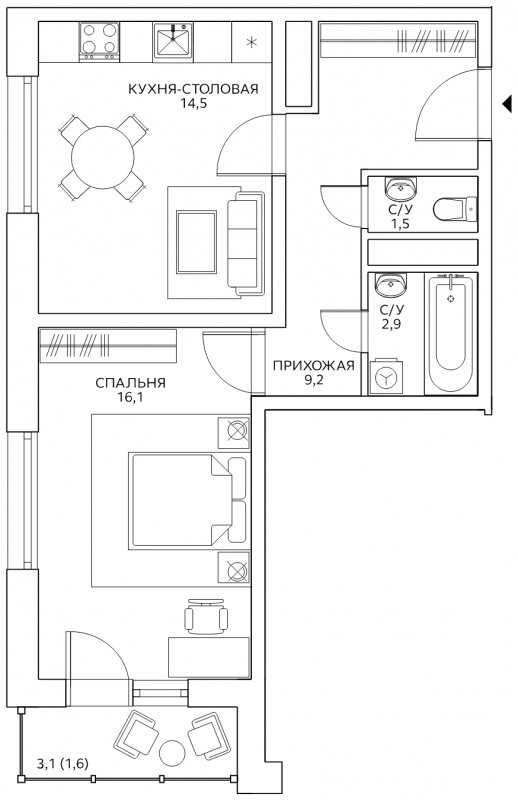 1-комнатная квартира с полной отделкой, 45.8 м2, 22 этаж, сдача 4 квартал 2022 г., ЖК Авиатика, корпус 3 - объявление 1805954 - фото №1