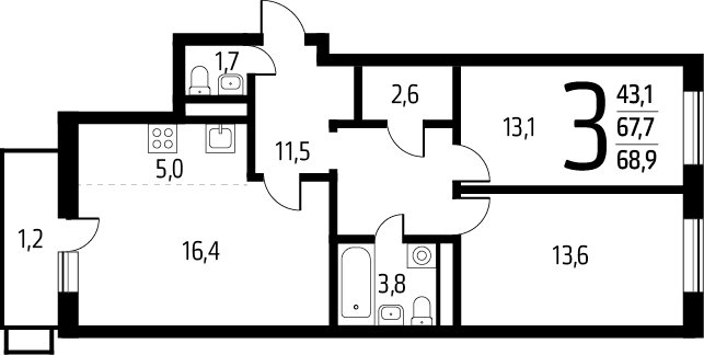 3-комнатная квартира (евро) с полной отделкой, 68.9 м2, 6 этаж, сдача 1 квартал 2025 г., ЖК Новые Ватутинки. Заречный, корпус 5/1 - объявление 2271990 - фото №1