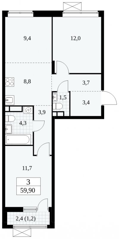 3-комнатная квартира (евро) без отделки, 59.9 м2, 12 этаж, сдача 1 квартал 2025 г., ЖК Прокшино, корпус 5.1.3 - объявление 1810716 - фото №1