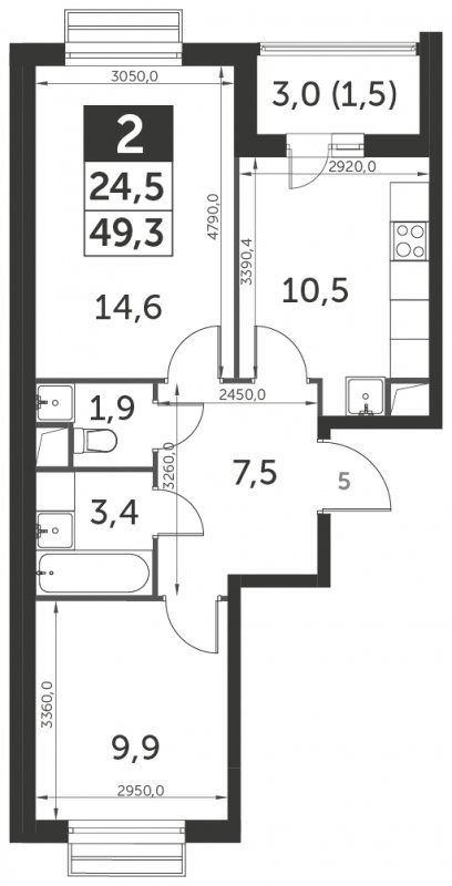 2-комнатная квартира с полной отделкой, 49.3 м2, 1 этаж, сдача 3 квартал 2023 г., ЖК UP-квартал Римский, корпус 7 - объявление 1352821 - фото №1