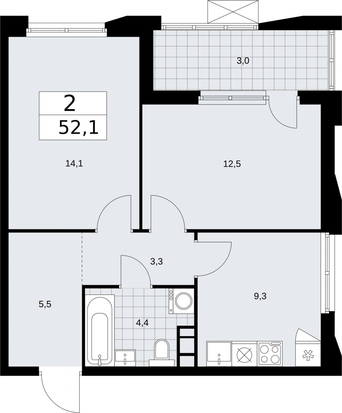 2-комнатная квартира без отделки, 52.1 м2, 16 этаж, сдача 2 квартал 2026 г., ЖК Бунинские кварталы, корпус 5.2 - объявление 2297433 - фото №1