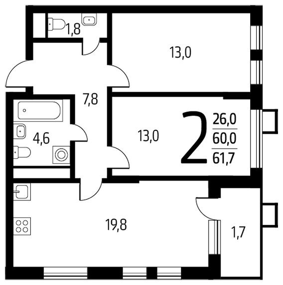 2-комнатная квартира с полной отделкой, 61.7 м2, 5 этаж, сдача 1 квартал 2024 г., ЖК Новые Ватутинки. Центральный, корпус 9/3 - объявление 1674611 - фото №1