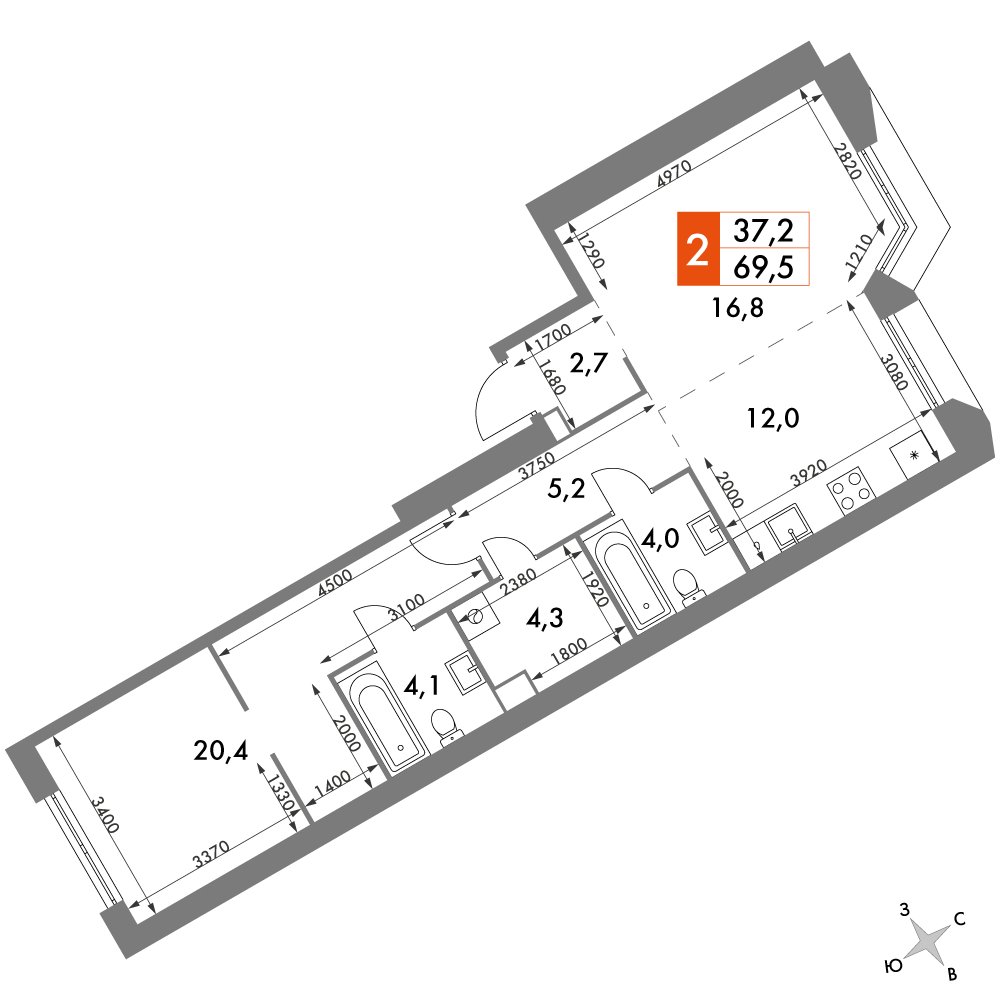 2-комнатная квартира с частичной отделкой, 69.5 м2, 34 этаж, дом сдан, ЖК Архитектор, корпус 3 - объявление 2374912 - фото №1
