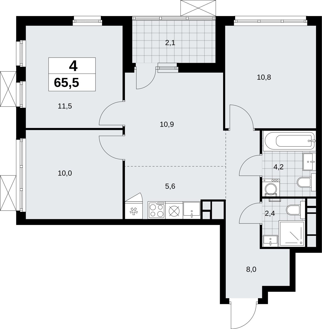 4-комнатная квартира (евро) без отделки, 65.5 м2, 11 этаж, сдача 4 квартал 2026 г., ЖК Скандинавия, корпус 2.18.1.2 - объявление 2350709 - фото №1